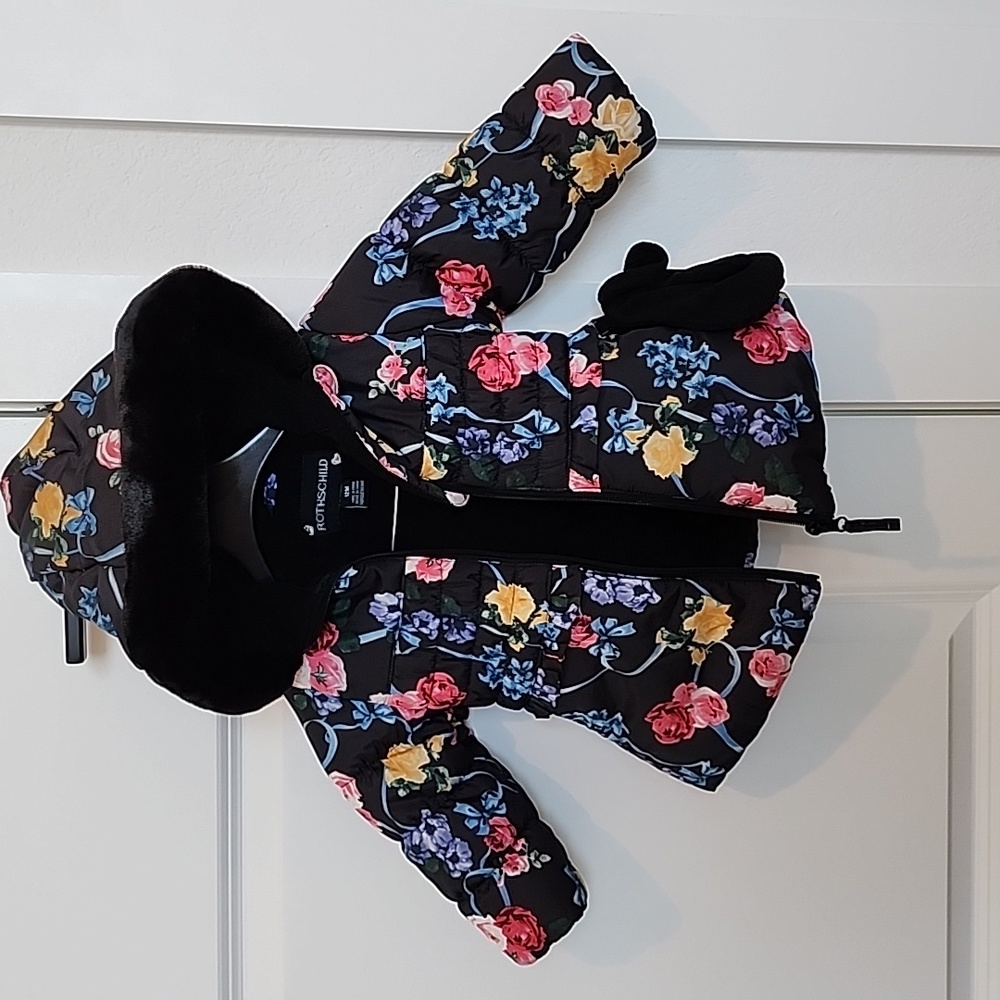 Rothschild Black Floral Baby Girl Coat and mittens. 12 months
